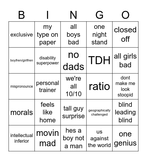 UK Love Island BINGI Bingo Card