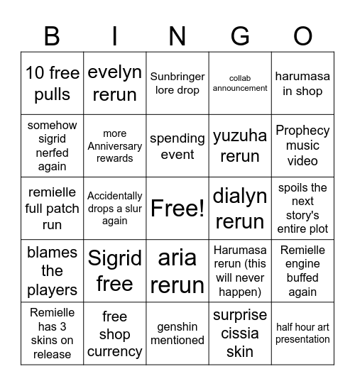 zenless announcement Bingo Card