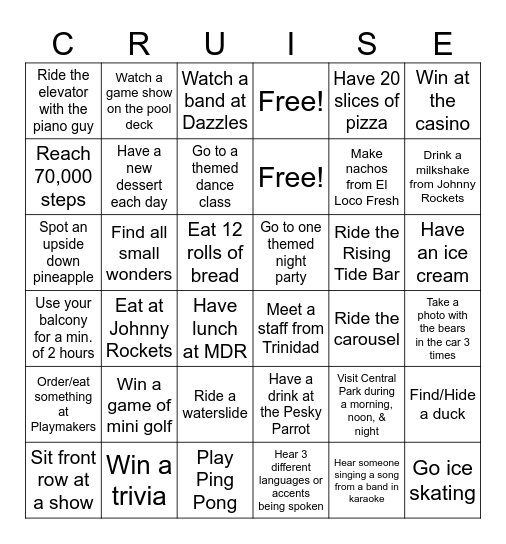 Allure of the Seas Bingo Card