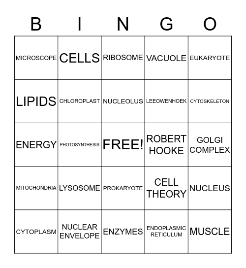 CELL BASICS & ORGANELLES BINGO Card