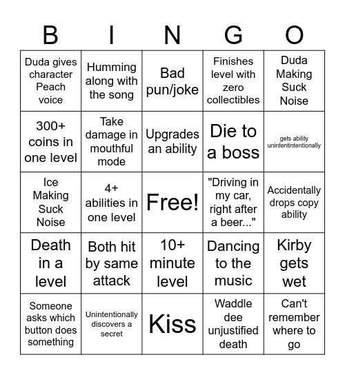 Kirby and the Forgotten Land Bingo Card