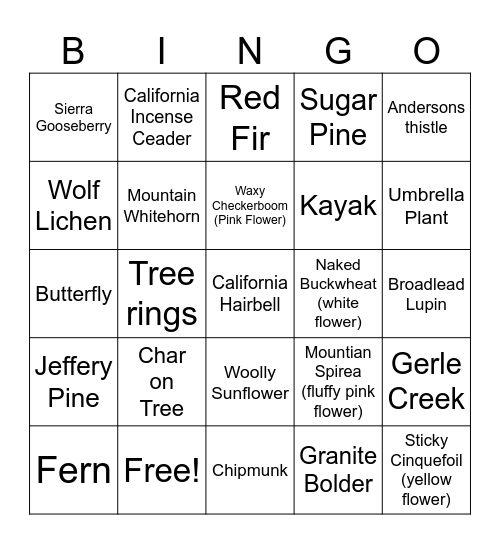 Gerle Creek Bingo Card