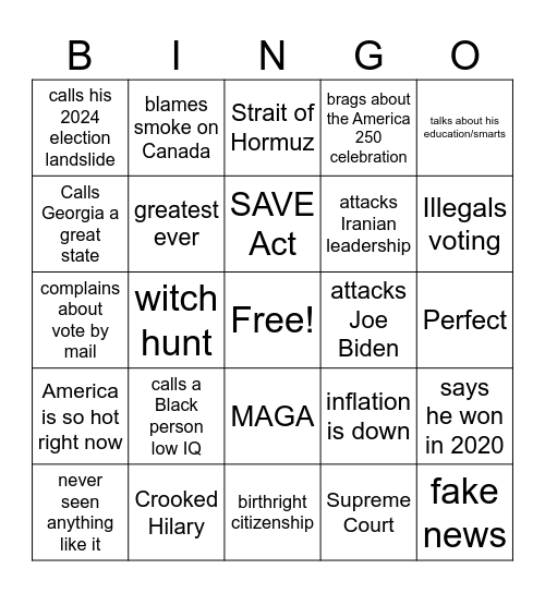 Trumpingo 2026 Bingo Card