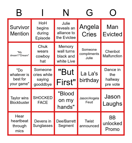 BB28 Eviction Week #1 Bingo Card