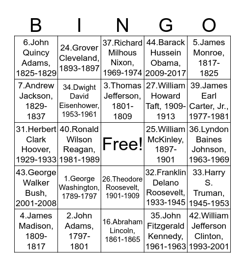 POTUS  Bingo Card