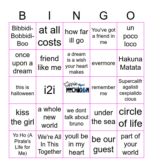 Disney Hits! Bingo Card