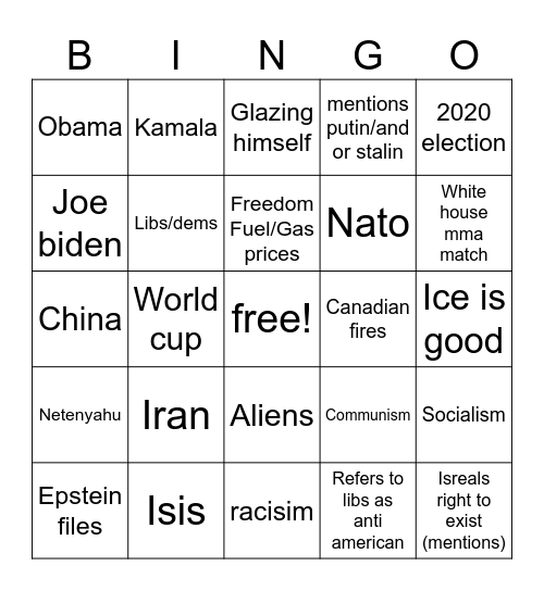 Trumps address Bingo Card