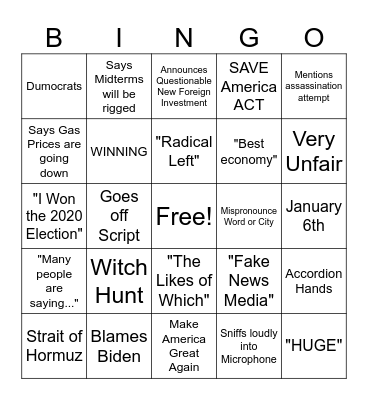 Trump Address Nation 7/16/2026 Bingo Card