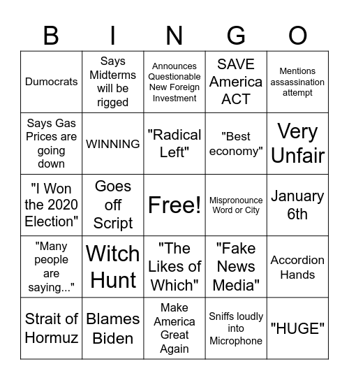 Trump Address Nation 7/16/2026 Bingo Card