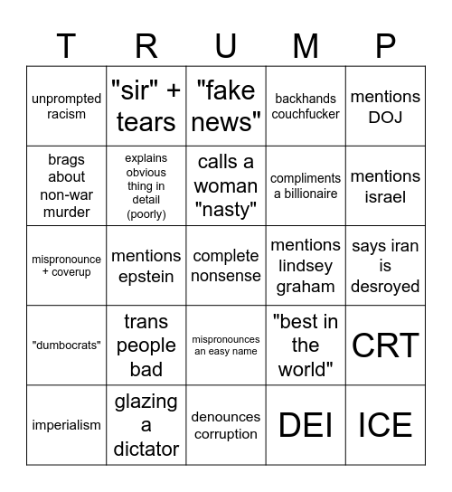 Trump Speech Bingo Card