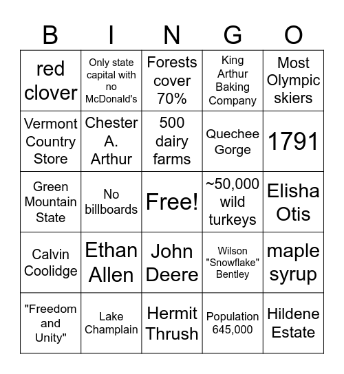 Vermont Bingo Card