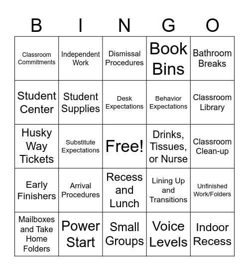 Procedures Bingo Card