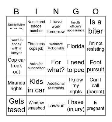 Body Cam Bingo Card