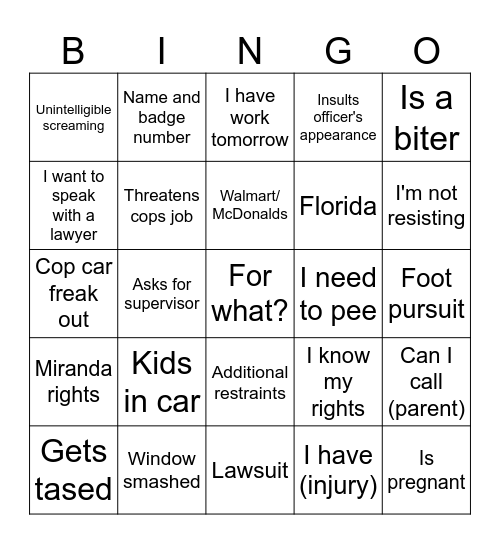 Body Cam Bingo Card