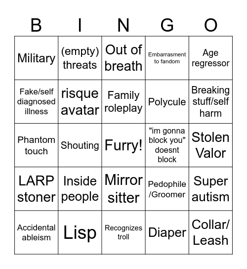 VRchat cringe bingo Card