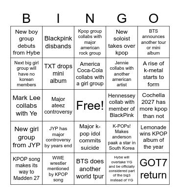 Kpops Bingo Card