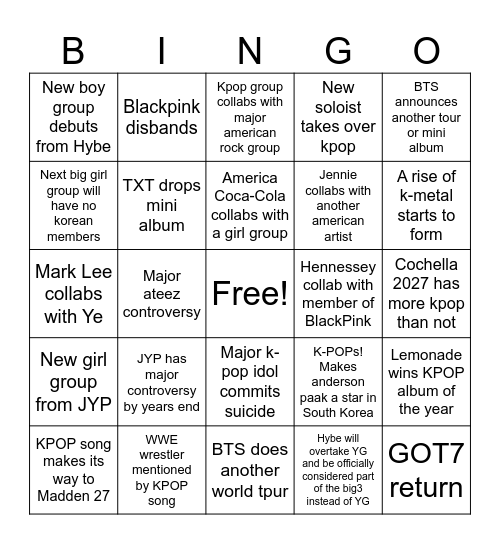 Kpops Bingo Card
