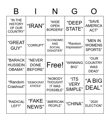 Trump Speech Bingo Card