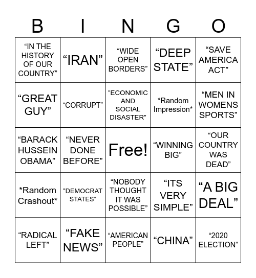 Trump Speech Bingo Card