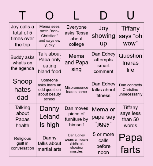 Family Bingo 7/16-7/17 Bingo Card
