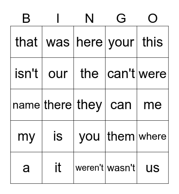 Simple Sight Words Bingo Card