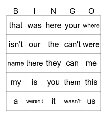 Simple Sight Words Bingo Card