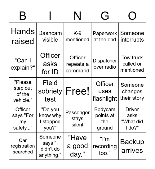 Police Bodycam Bingo 1 Bingo Card