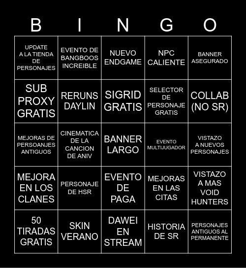 ANIVERSARIO DE ZENLESS 3.1 Bingo Card