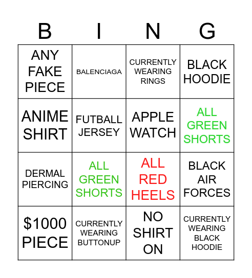 clothes Bingo Card