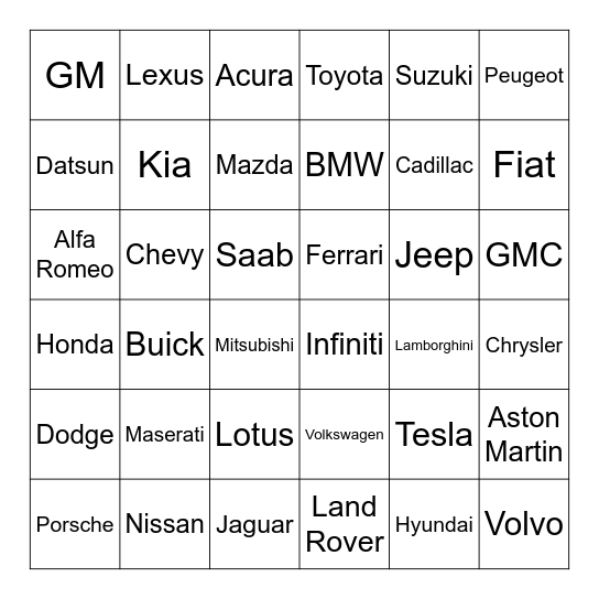 Car Brands Bingo Card