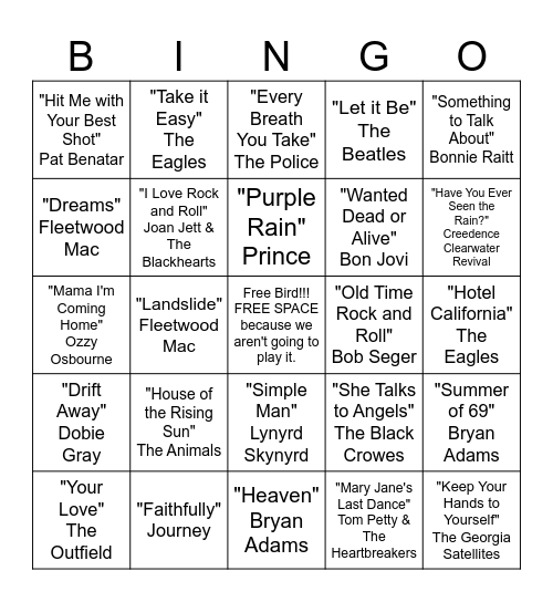 Classic Rock Bingo Card