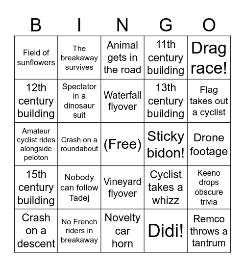 Tour de France 2026 Bingo Card