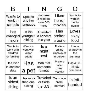 Getting to Know You Bingo Card