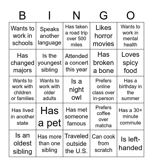 Getting to Know You Bingo Card