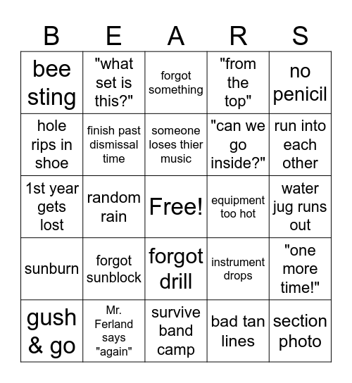 2026 Band Camp WSHS Bingo Card