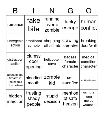 zombie movie Bingo Card