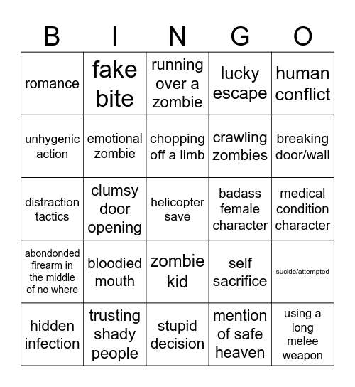 zombie movie Bingo Card