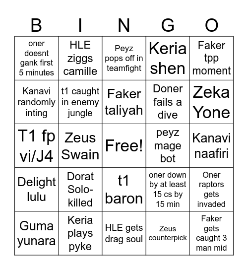 T1 vs HLE Bingo Card