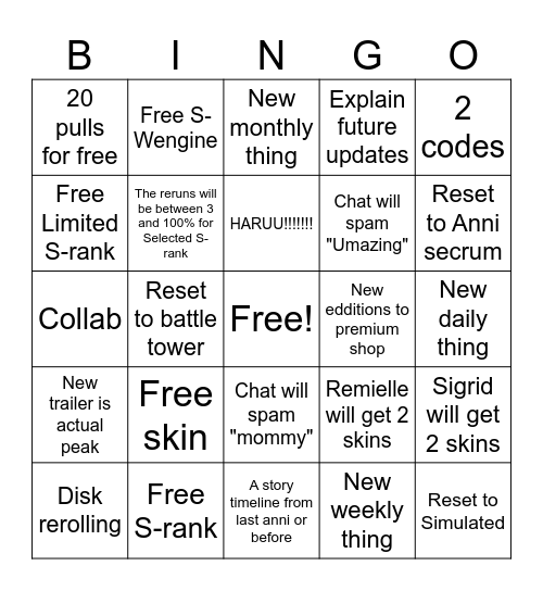 ZZZ 3.1 Livestream Bingo Card