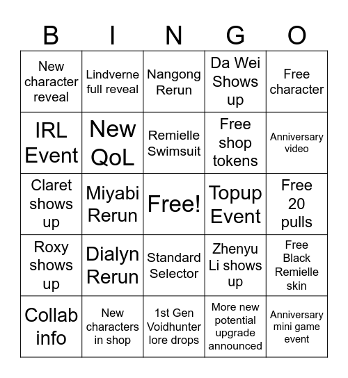 ZZZ 2nd Anniversary Livestream Bingo Card