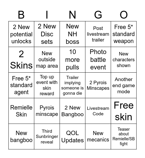 ZZZ 3.1 Livestream bingo :3 Bingo Card