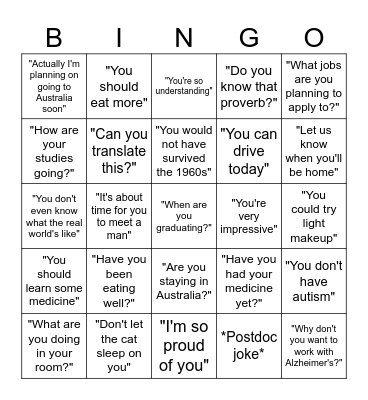 Going home bingo Card