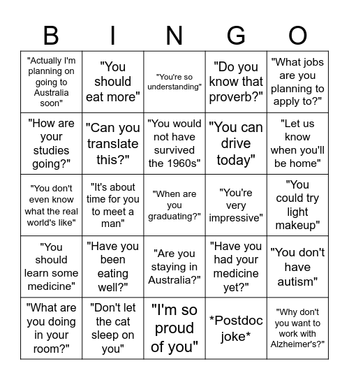 Going home bingo Card