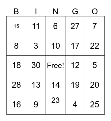 Addition Facts Bingo Card