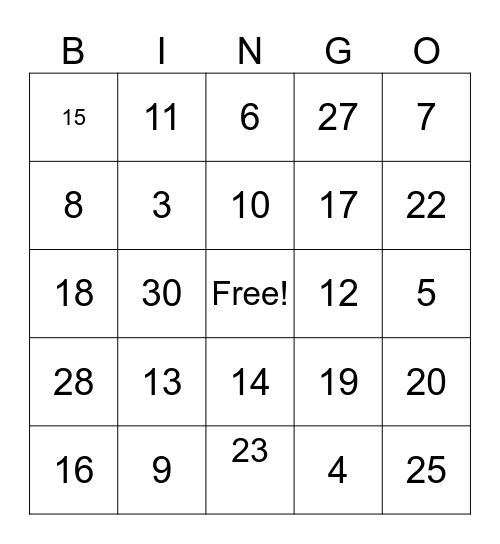 Addition Facts Bingo Card