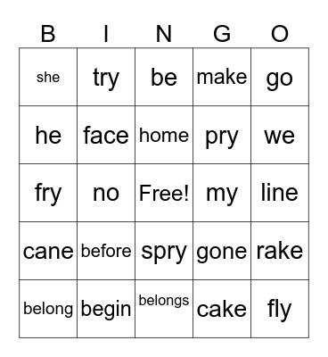 Open Syllable/CVCe Bingo Card