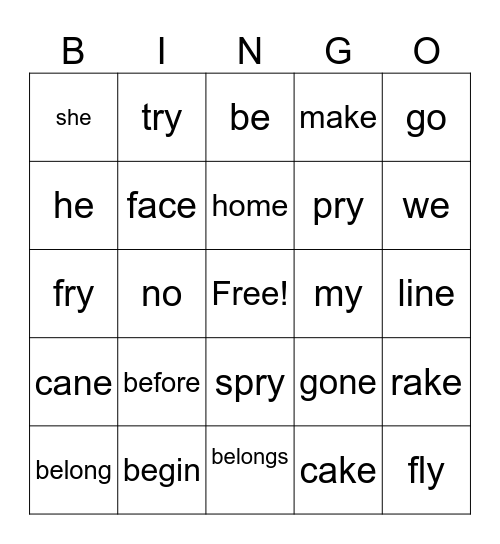 Open Syllable/CVCe Bingo Card