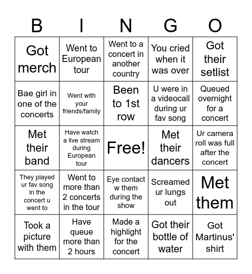 European tour Bingo Card