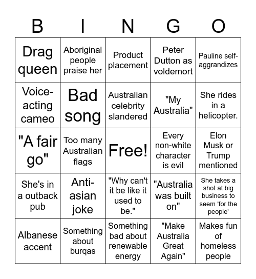Pauline Hanson Bingo Card