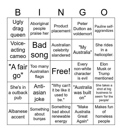 Pauline Hanson Bingo Card